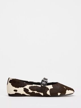 Zara Brown and White Cow Print Mary Jane Flats